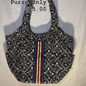 Vera Bradley Black and White Floral Tote with Multicolor Stripes